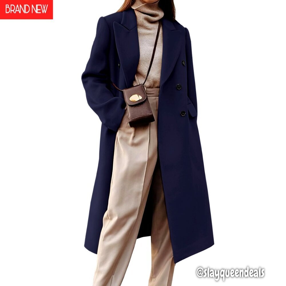 Womens Long Wool Blend Double Breasted Trench Coat Peacoat Below Knee